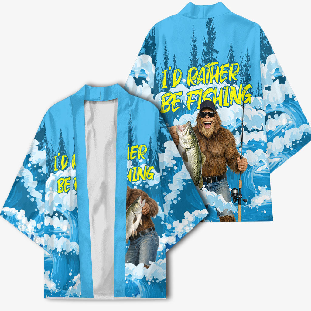 Bigfoot Sasquatch I'd Rather Be Fishing Kimono Funny Angler Humorous Outdoors Graphic Art