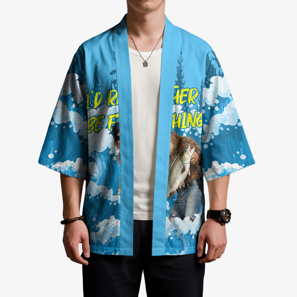 Bigfoot Sasquatch I'd Rather Be Fishing Kimono Funny Angler Humorous Outdoors Graphic Art