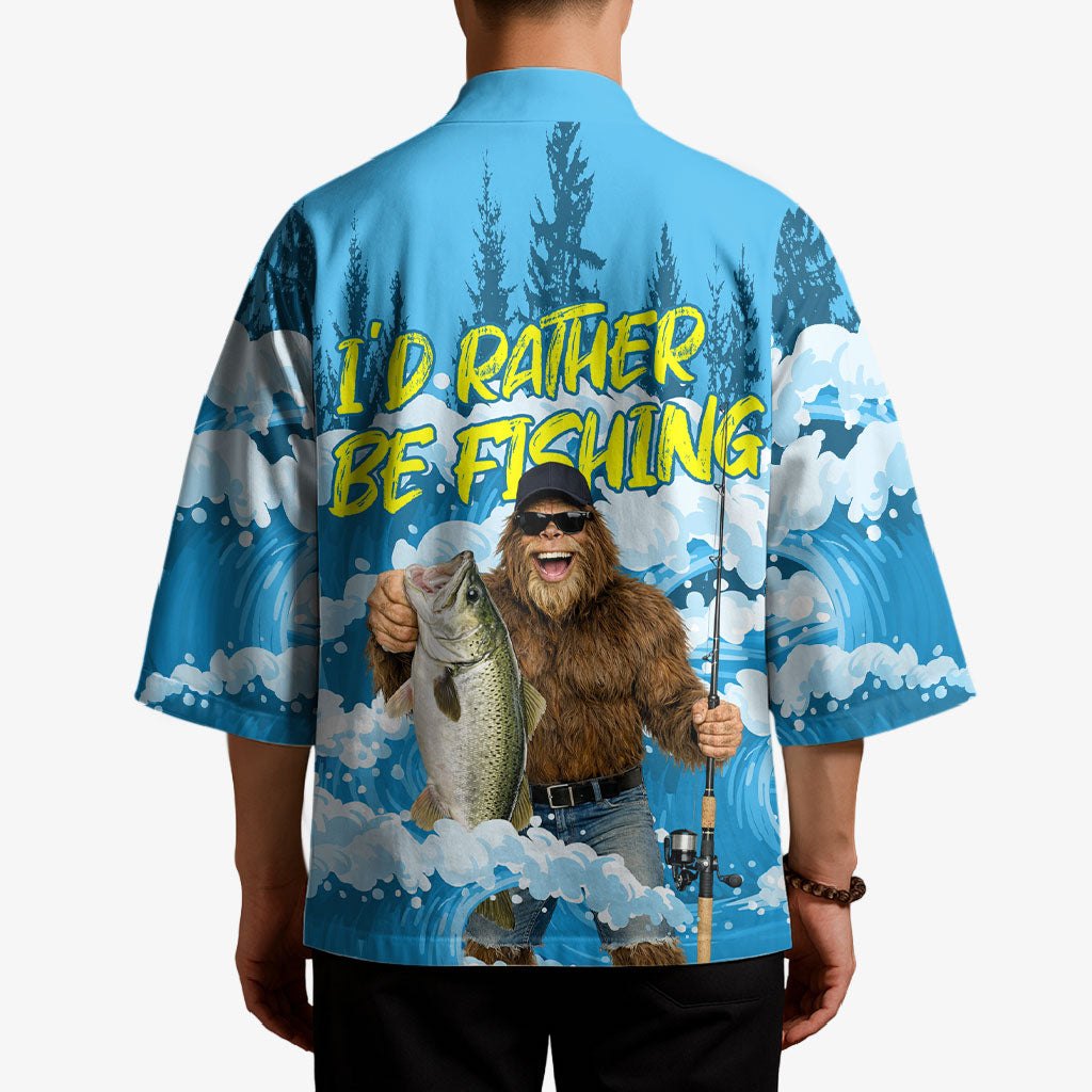 Bigfoot Sasquatch I'd Rather Be Fishing Kimono Funny Angler Humorous Outdoors Graphic Art