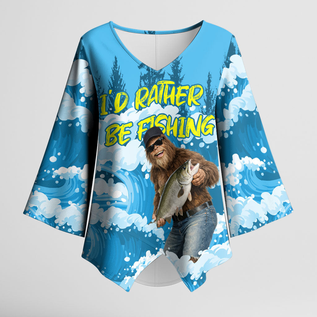 Bigfoot Sasquatch I'd Rather Be Fishing Kimono Sleeve Blouse Funny Angler Humorous Outdoors Graphic Art