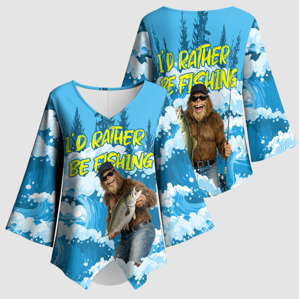 Bigfoot Sasquatch I'd Rather Be Fishing Kimono Sleeve Blouse Funny Angler Humorous Outdoors Graphic Art
