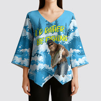 Bigfoot Sasquatch I'd Rather Be Fishing Kimono Sleeve Blouse Funny Angler Humorous Outdoors Graphic Art