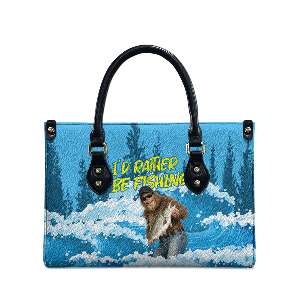 Bigfoot Sasquatch I'd Rather Be Fishing Leather Bag Funny Angler Humorous Outdoors Graphic Art
