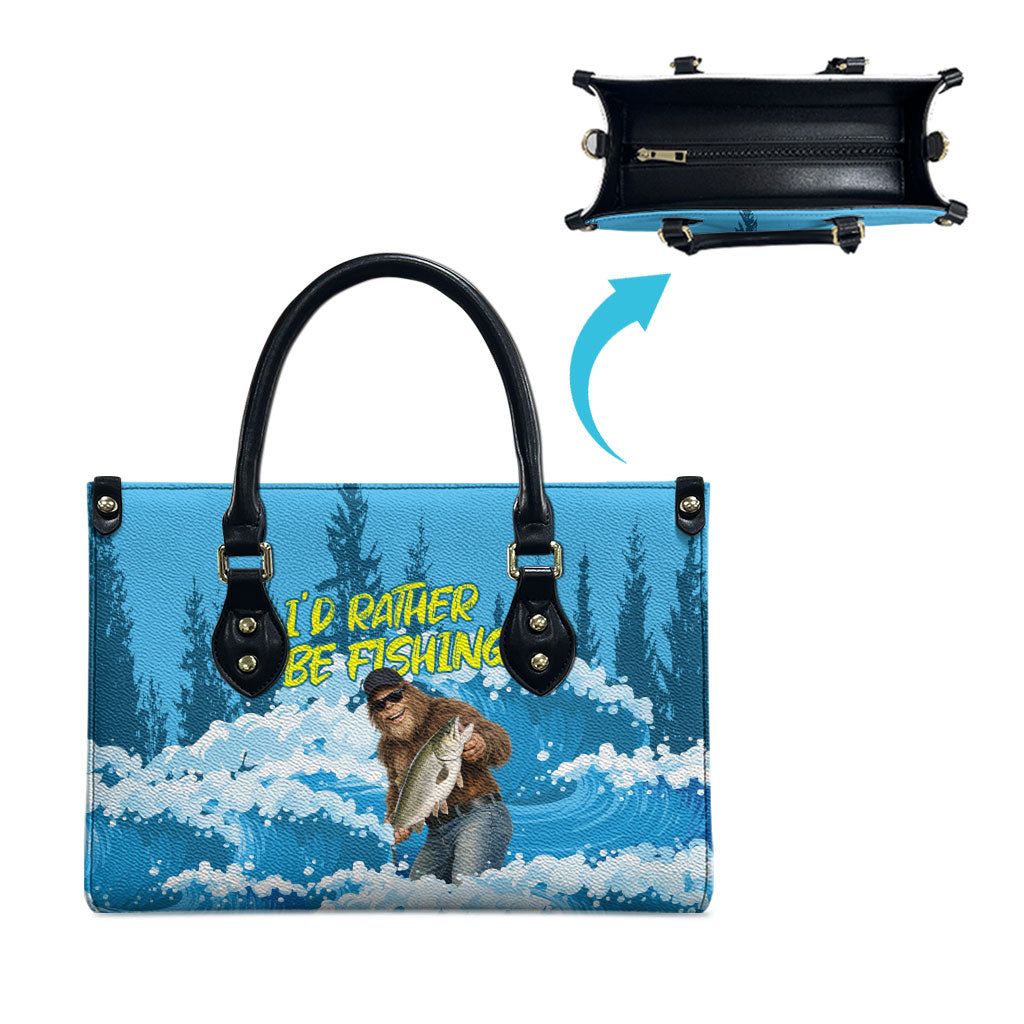 Bigfoot Sasquatch I'd Rather Be Fishing Leather Bag Funny Angler Humorous Outdoors Graphic Art