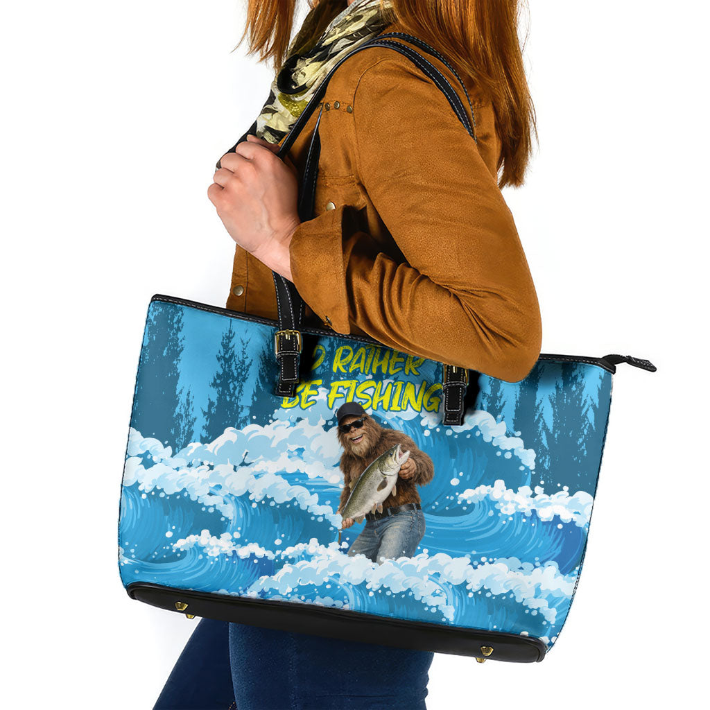 Bigfoot Sasquatch I'd Rather Be Fishing Leather Tote Bag Funny Angler Humorous Outdoors Graphic Art