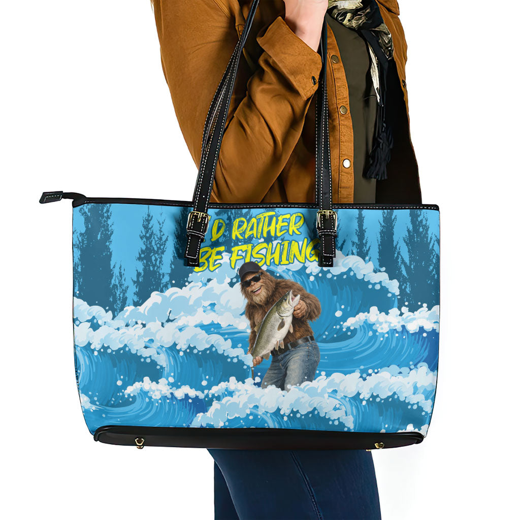 Bigfoot Sasquatch I'd Rather Be Fishing Leather Tote Bag Funny Angler Humorous Outdoors Graphic Art