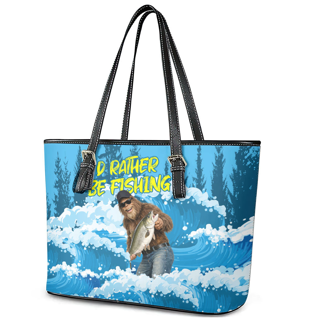 Bigfoot Sasquatch I'd Rather Be Fishing Leather Tote Bag Funny Angler Humorous Outdoors Graphic Art
