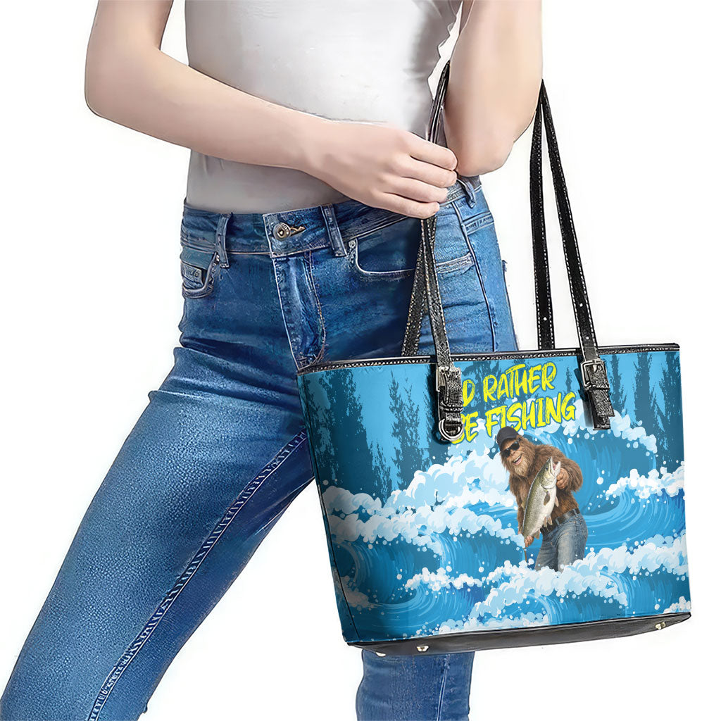 Bigfoot Sasquatch I'd Rather Be Fishing Leather Tote Bag Funny Angler Humorous Outdoors Graphic Art