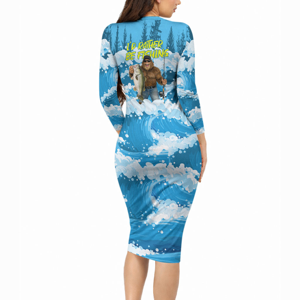 Bigfoot Sasquatch I'd Rather Be Fishing Long Sleeve Bodycon Dress Funny Angler Humorous Outdoors Graphic Art