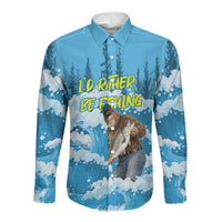 Bigfoot Sasquatch I'd Rather Be Fishing Long Sleeve Button Shirt Funny Angler Humorous Outdoors Graphic Art