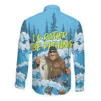 Bigfoot Sasquatch I'd Rather Be Fishing Long Sleeve Button Shirt Funny Angler Humorous Outdoors Graphic Art