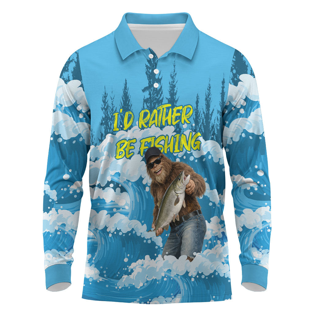 Bigfoot Sasquatch I'd Rather Be Fishing Long Sleeve Polo Shirt Funny Angler Humorous Outdoors Graphic Art