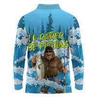 Bigfoot Sasquatch I'd Rather Be Fishing Long Sleeve Polo Shirt Funny Angler Humorous Outdoors Graphic Art