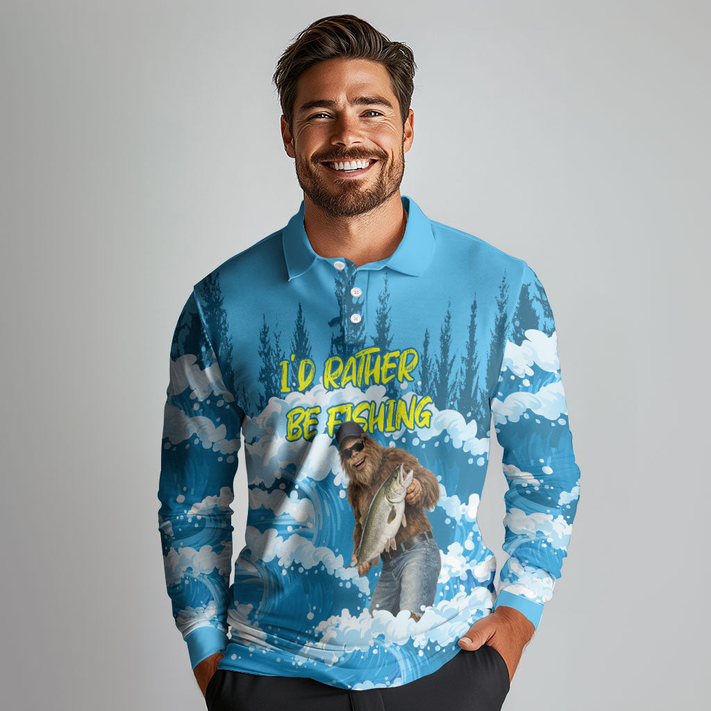 Bigfoot Sasquatch I'd Rather Be Fishing Long Sleeve Polo Shirt Funny Angler Humorous Outdoors Graphic Art