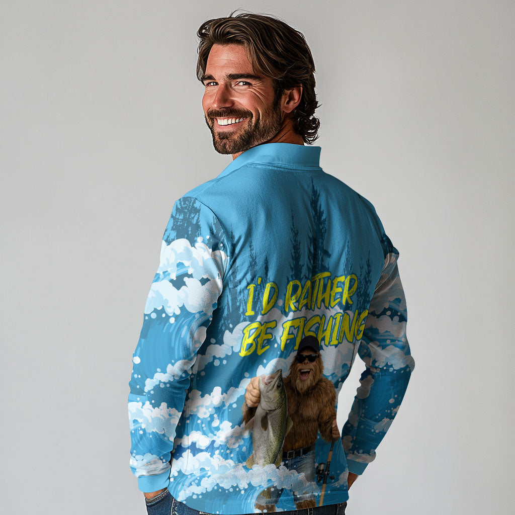 Bigfoot Sasquatch I'd Rather Be Fishing Long Sleeve Polo Shirt Funny Angler Humorous Outdoors Graphic Art