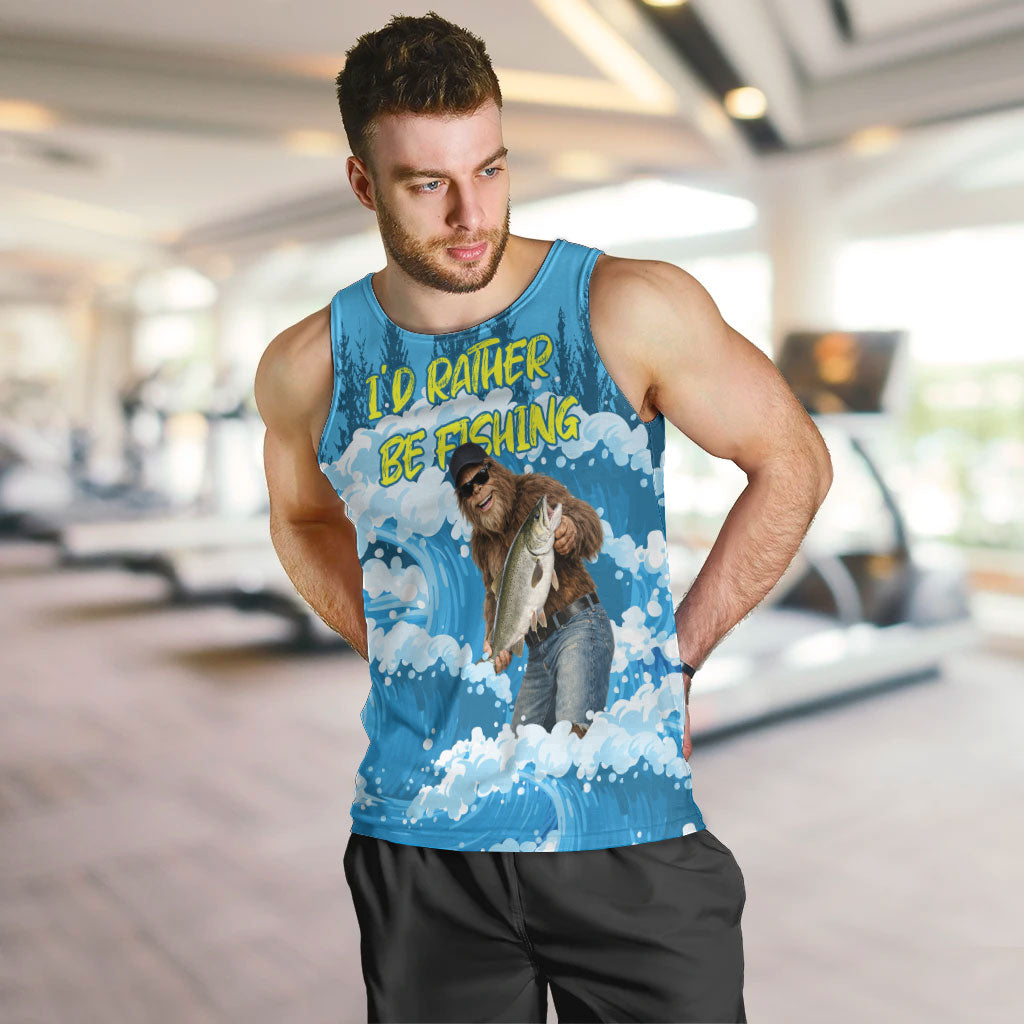 Bigfoot Sasquatch I'd Rather Be Fishing Men Tank Top Funny Angler Humorous Outdoors Graphic Art