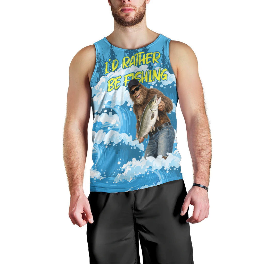 Bigfoot Sasquatch I'd Rather Be Fishing Men Tank Top Funny Angler Humorous Outdoors Graphic Art
