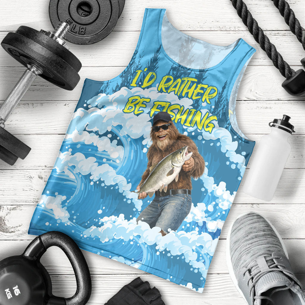 Bigfoot Sasquatch I'd Rather Be Fishing Men Tank Top Funny Angler Humorous Outdoors Graphic Art