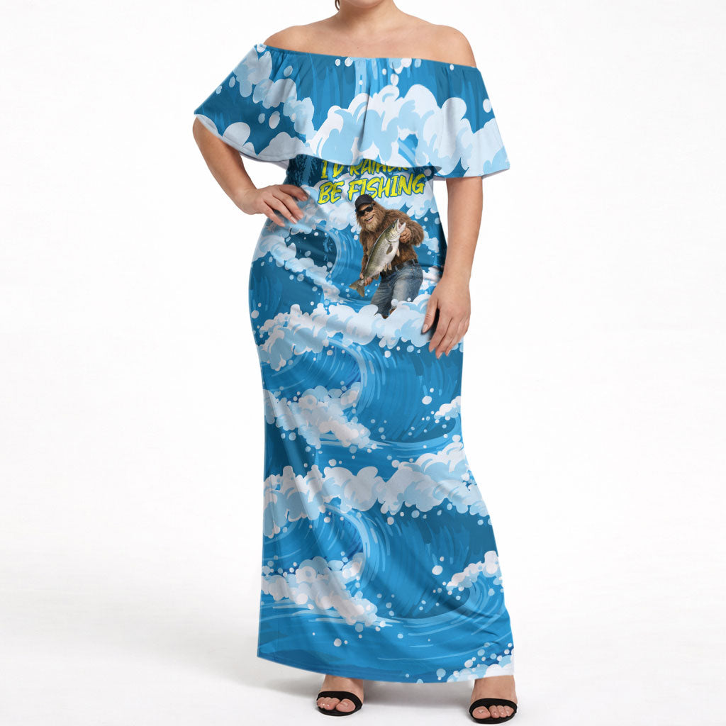 Bigfoot Sasquatch I'd Rather Be Fishing Off Shoulder Maxi Dress Funny Angler Humorous Outdoors Graphic Art