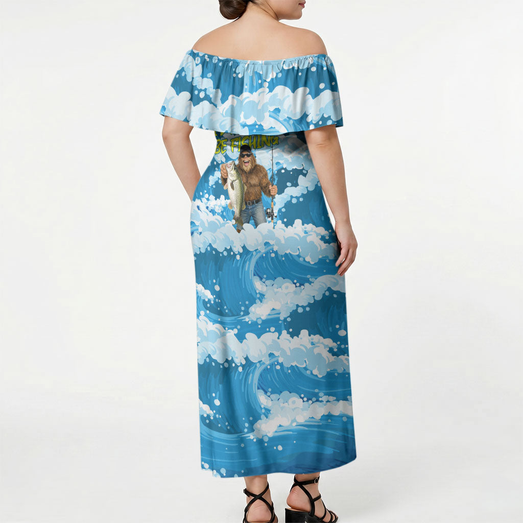 Bigfoot Sasquatch I'd Rather Be Fishing Off Shoulder Maxi Dress Funny Angler Humorous Outdoors Graphic Art