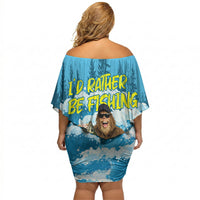 Bigfoot Sasquatch I'd Rather Be Fishing Off Shoulder Short Dress Funny Angler Humorous Outdoors Graphic Art