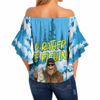 Bigfoot Sasquatch I'd Rather Be Fishing Off Shoulder Wrap Waist Top Funny Angler Humorous Outdoors Graphic Art