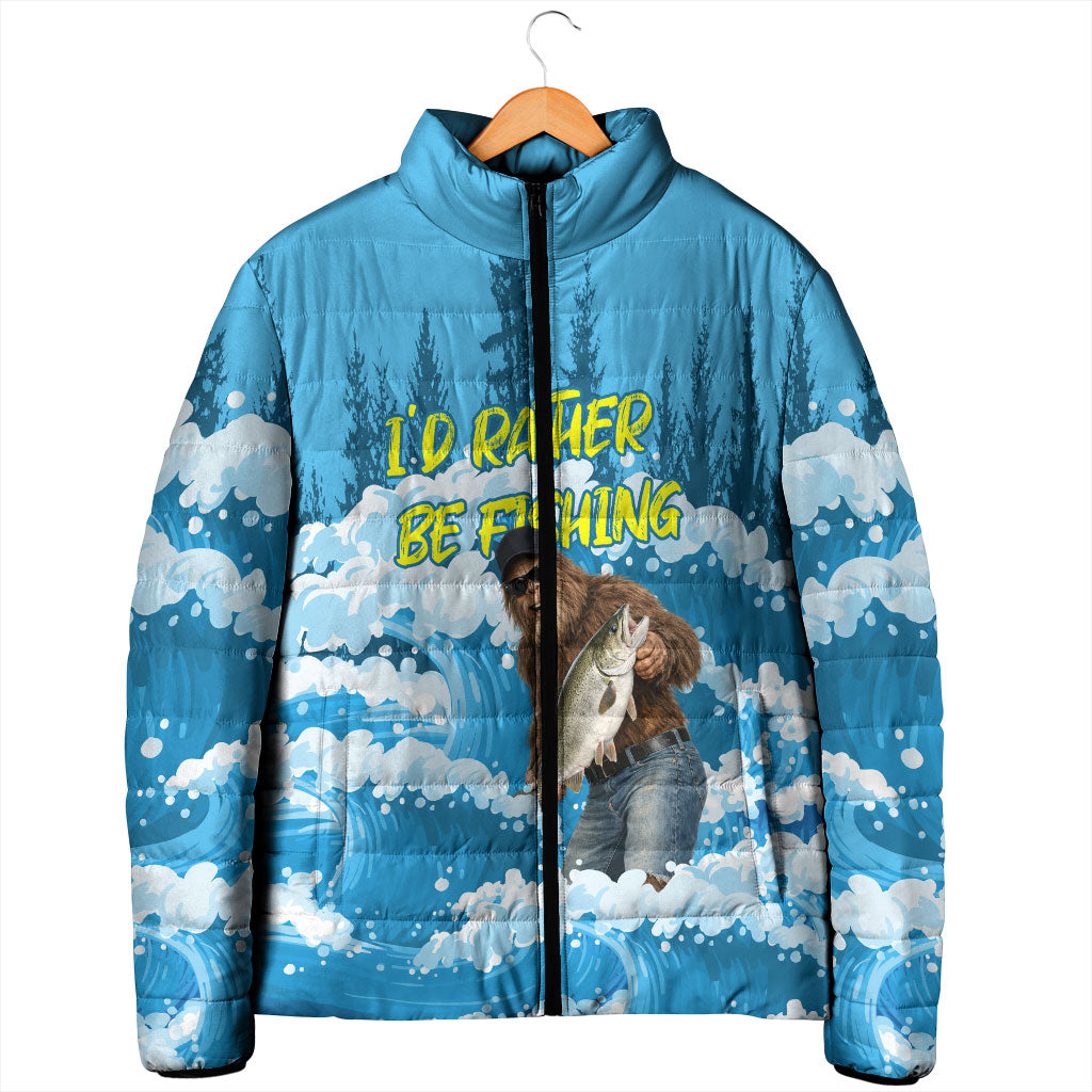 Bigfoot Sasquatch I'd Rather Be Fishing Padded Jacket Funny Angler Humorous Outdoors Graphic Art