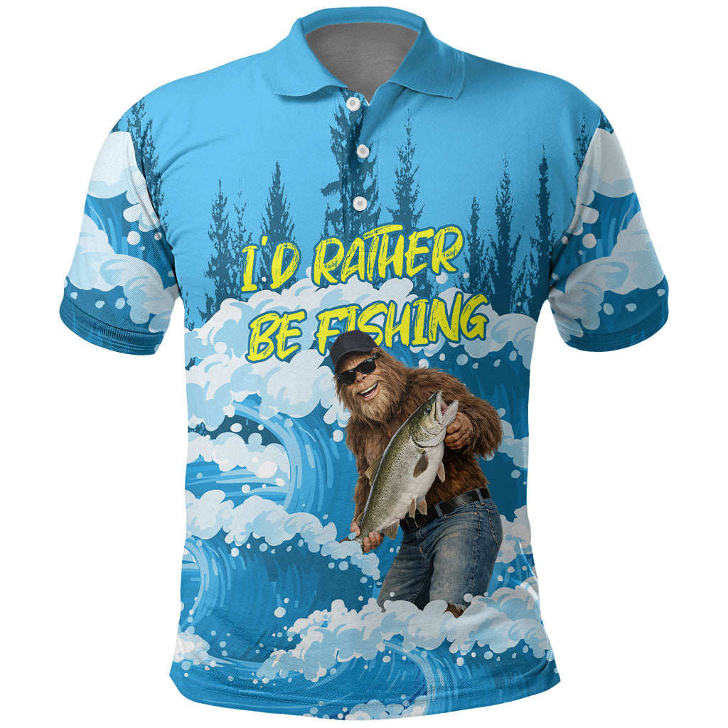 Bigfoot Sasquatch I'd Rather Be Fishing Polo Shirt Funny Angler Humorous Outdoors Graphic Art