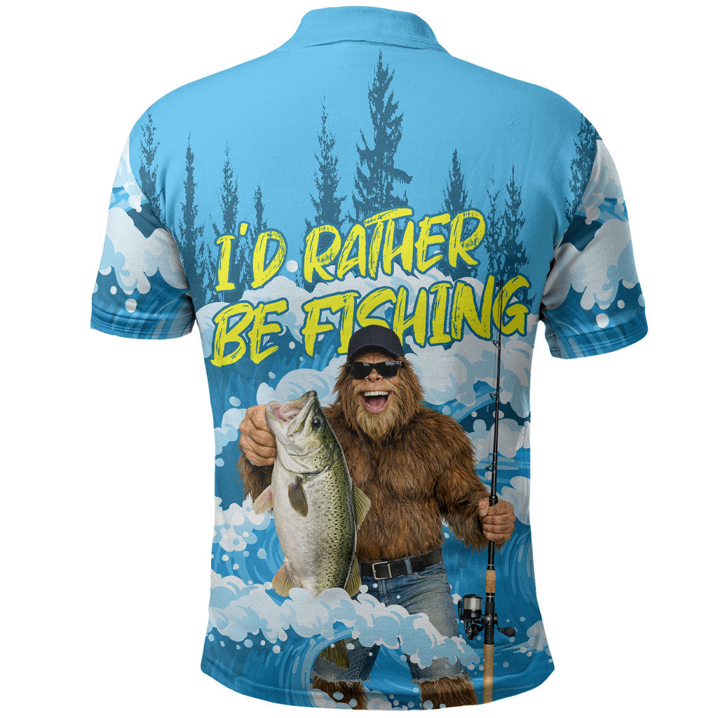 Bigfoot Sasquatch I'd Rather Be Fishing Polo Shirt Funny Angler Humorous Outdoors Graphic Art