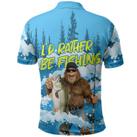 Bigfoot Sasquatch I'd Rather Be Fishing Polo Shirt Funny Angler Humorous Outdoors Graphic Art