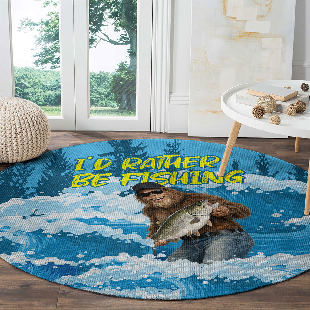 Bigfoot Sasquatch I'd Rather Be Fishing Round Carpet Funny Angler Humorous Outdoors Graphic Art