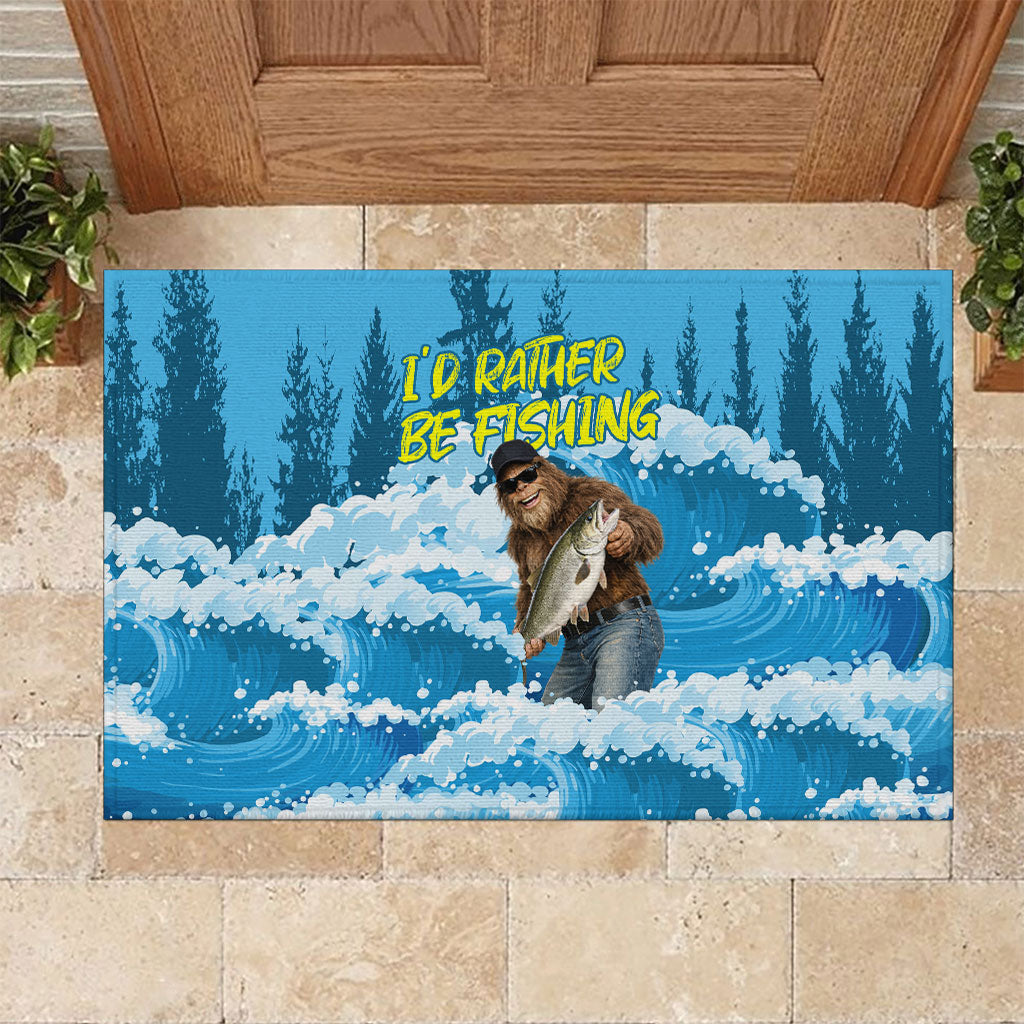 Bigfoot Sasquatch I'd Rather Be Fishing Rubber Doormat Funny Angler Humorous Outdoors Graphic Art