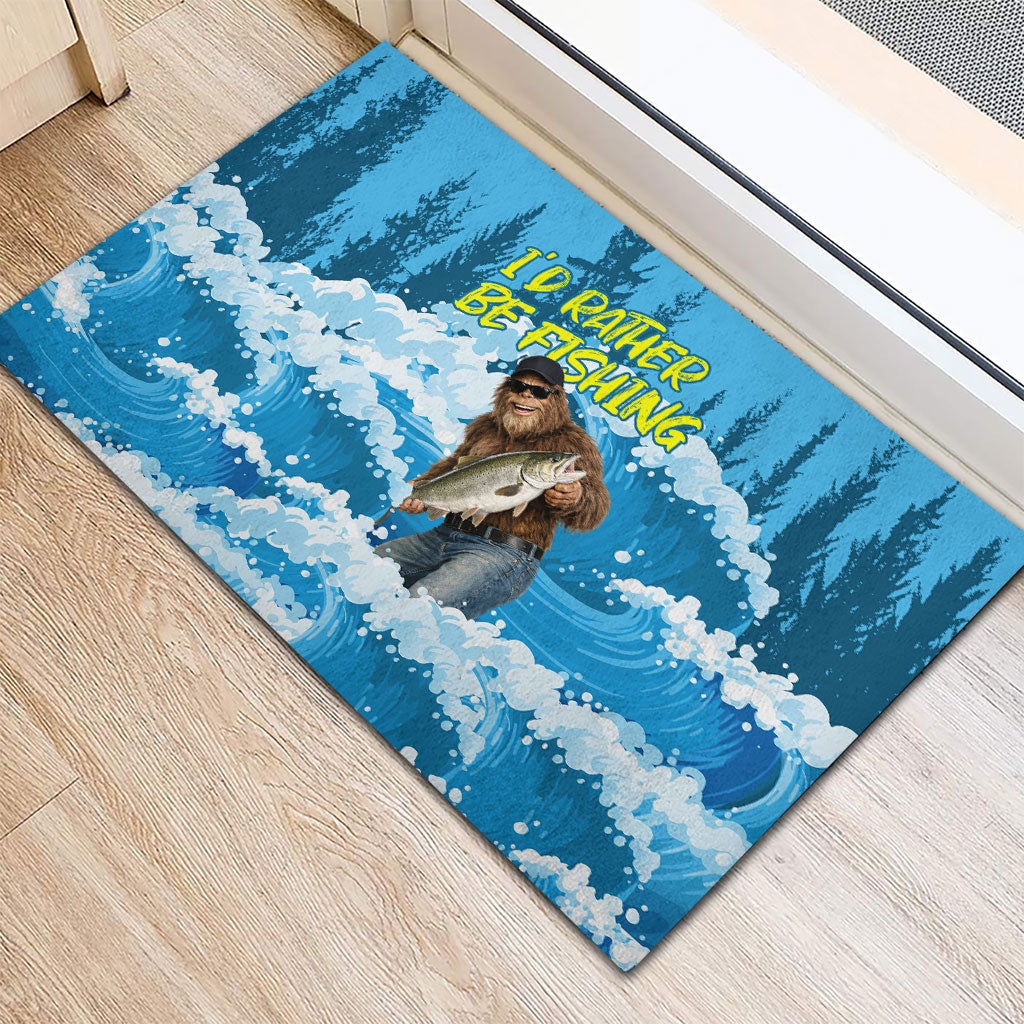 Bigfoot Sasquatch I'd Rather Be Fishing Rubber Doormat Funny Angler Humorous Outdoors Graphic Art