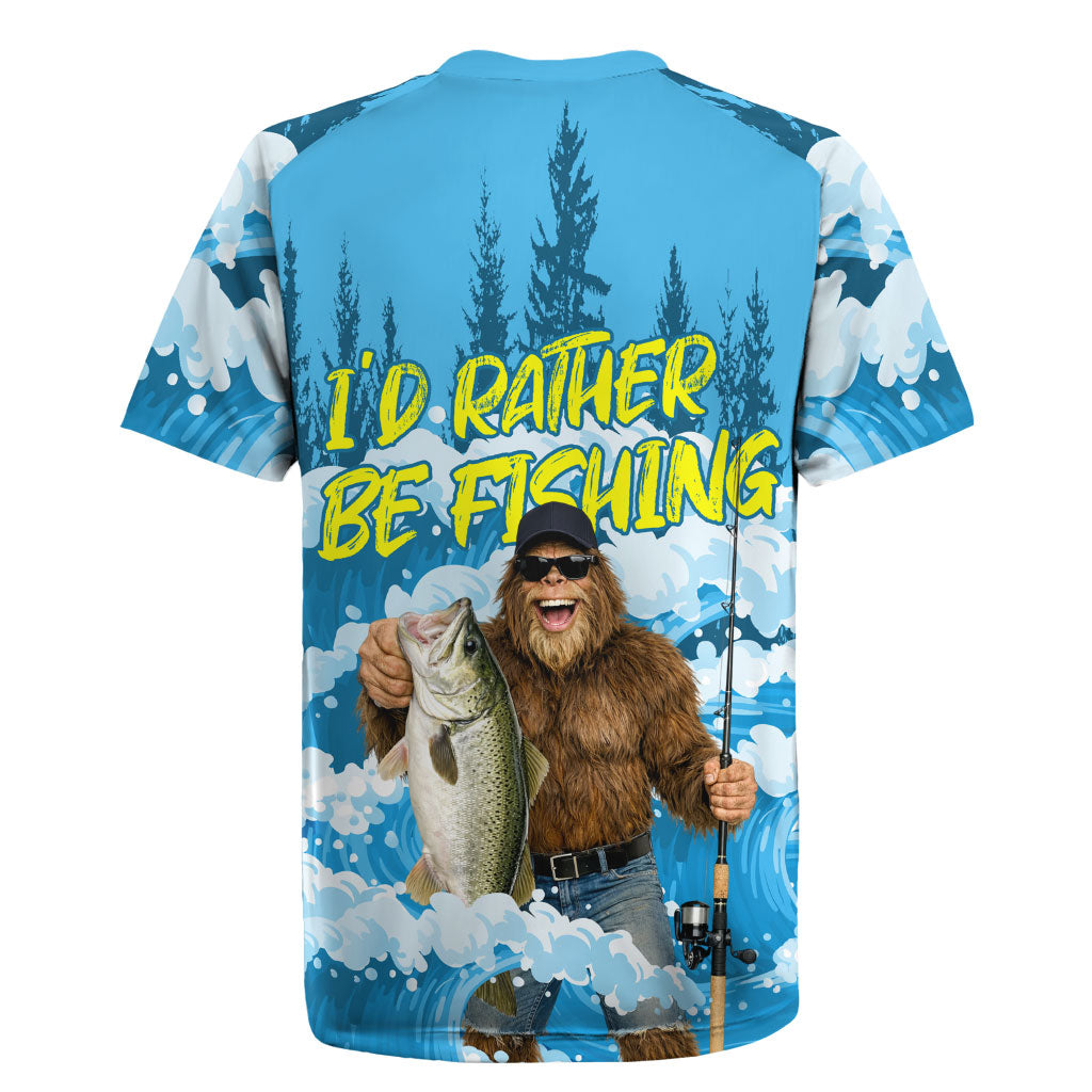 Bigfoot Sasquatch I'd Rather Be Fishing Rugby Jersey Funny Angler Humorous Outdoors Graphic Art