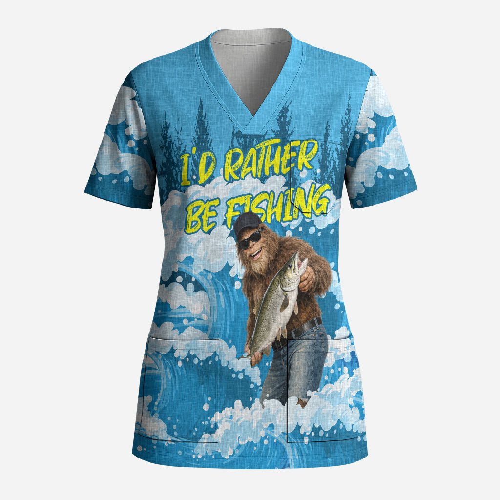 Bigfoot Sasquatch I'd Rather Be Fishing Scrub Top Funny Angler Humorous Outdoors Graphic Art
