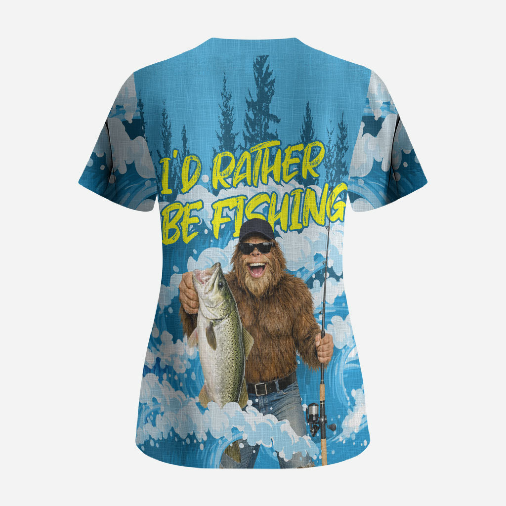 Bigfoot Sasquatch I'd Rather Be Fishing Scrub Top Funny Angler Humorous Outdoors Graphic Art