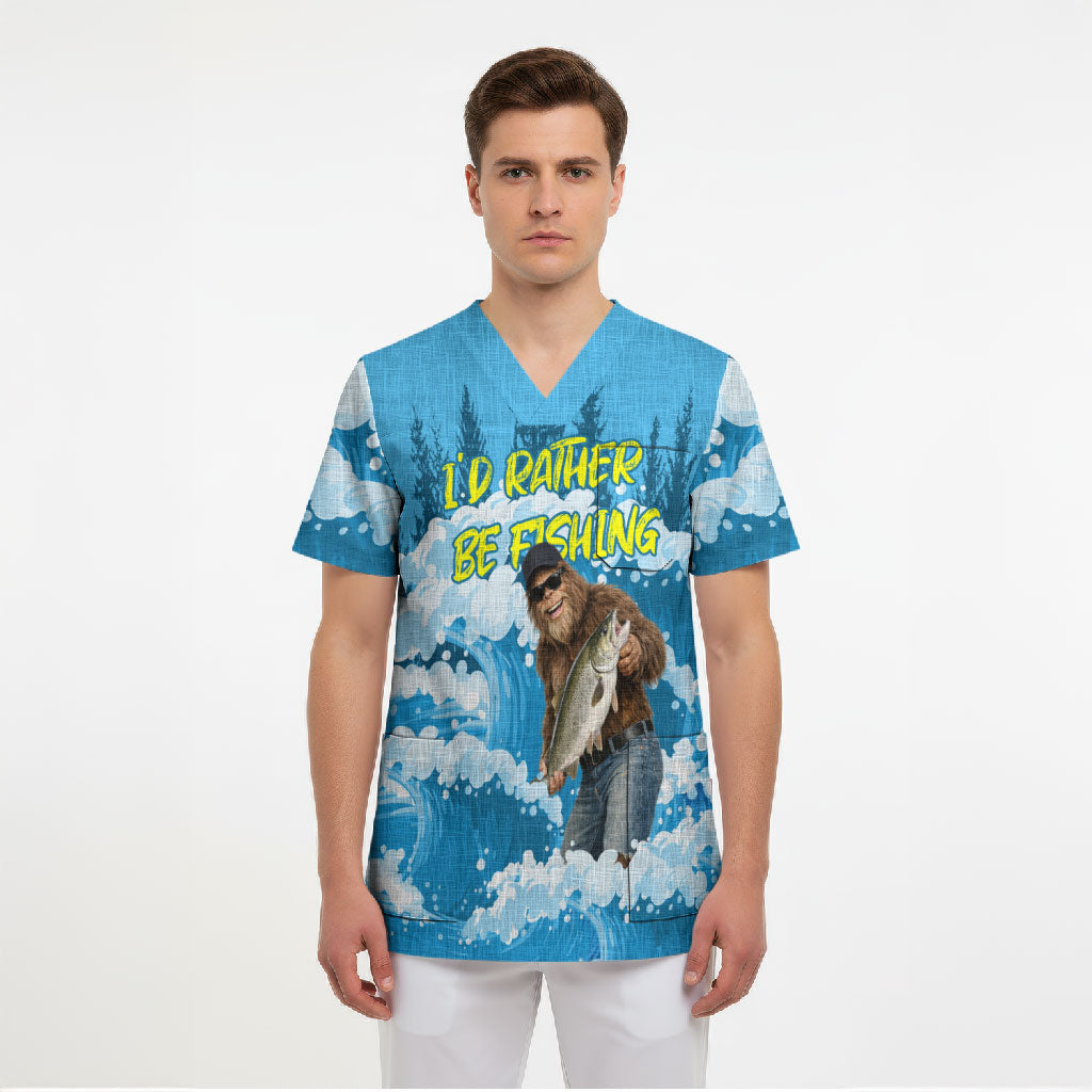Bigfoot Sasquatch I'd Rather Be Fishing Scrub Top Funny Angler Humorous Outdoors Graphic Art