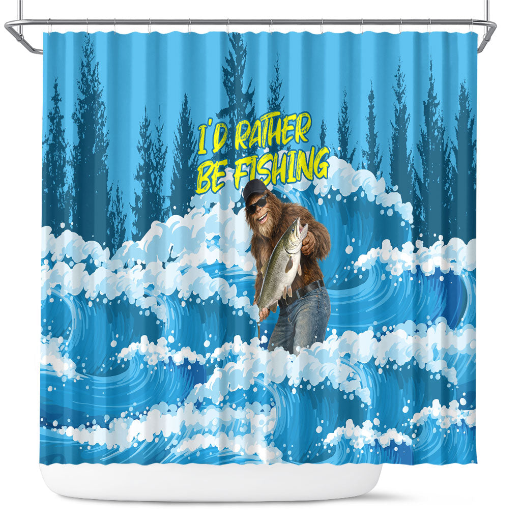 Bigfoot Sasquatch I'd Rather Be Fishing Shower Curtain Funny Angler Humorous Outdoors Graphic Art