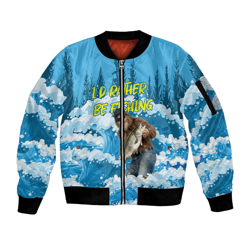 Bigfoot Sasquatch I'd Rather Be Fishing Sleeve Zip Bomber Jacket Funny Angler Humorous Outdoors Graphic Art