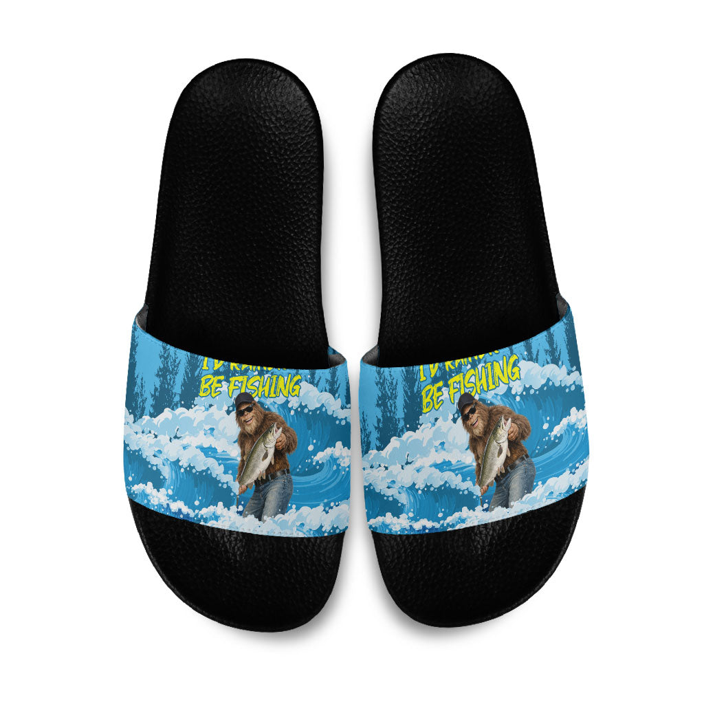 Bigfoot Sasquatch I'd Rather Be Fishing Slide Sandals Funny Angler Humorous Outdoors Graphic Art