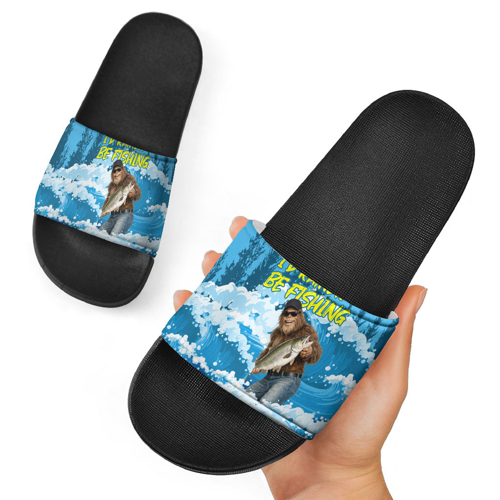 Bigfoot Sasquatch I'd Rather Be Fishing Slide Sandals Funny Angler Humorous Outdoors Graphic Art