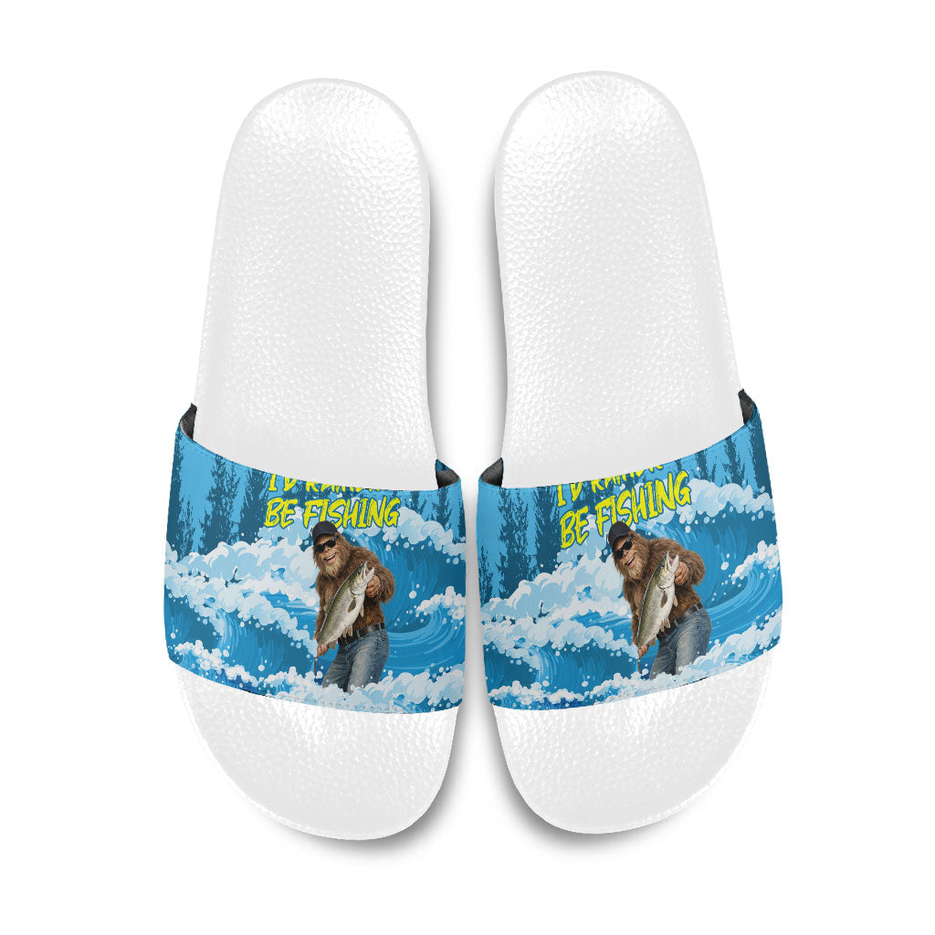 Bigfoot Sasquatch I'd Rather Be Fishing Slide Sandals Funny Angler Humorous Outdoors Graphic Art