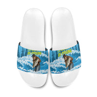Bigfoot Sasquatch I'd Rather Be Fishing Slide Sandals Funny Angler Humorous Outdoors Graphic Art