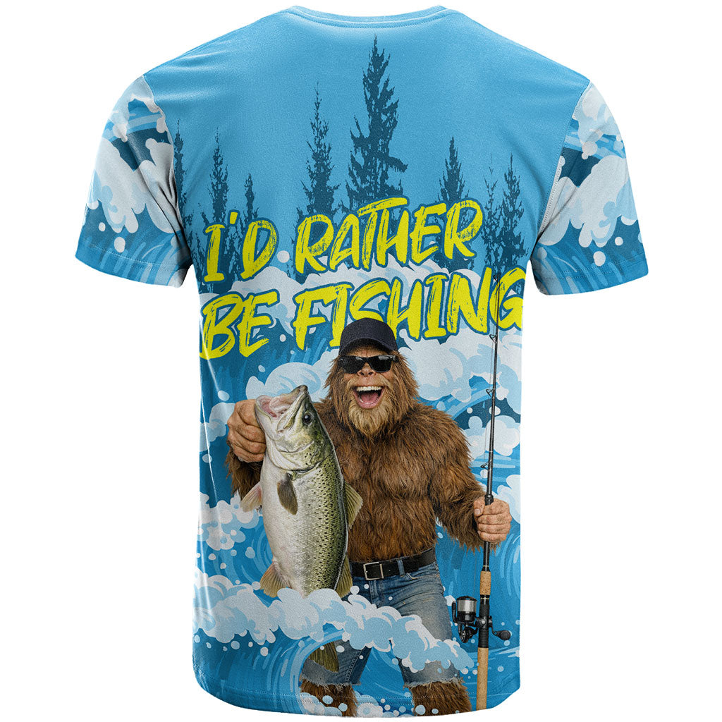 Bigfoot Sasquatch I'd Rather Be Fishing T Shirt Funny Angler Humorous Outdoors Graphic Art