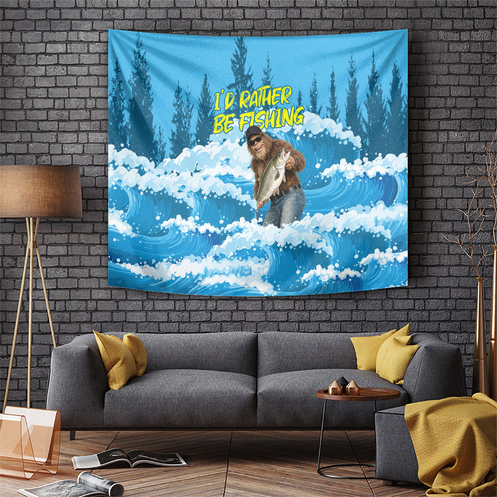 Bigfoot Sasquatch I'd Rather Be Fishing Tapestry Funny Angler Humorous Outdoors Graphic Art