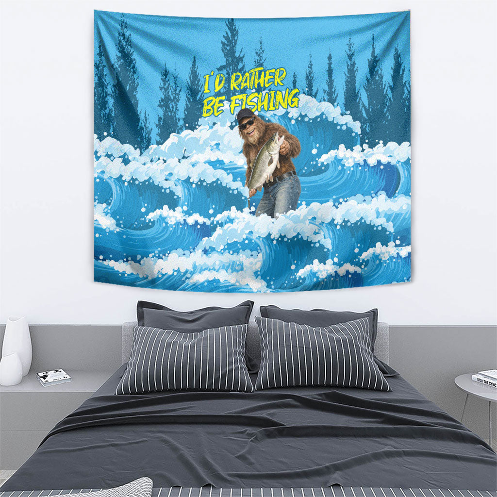 Bigfoot Sasquatch I'd Rather Be Fishing Tapestry Funny Angler Humorous Outdoors Graphic Art