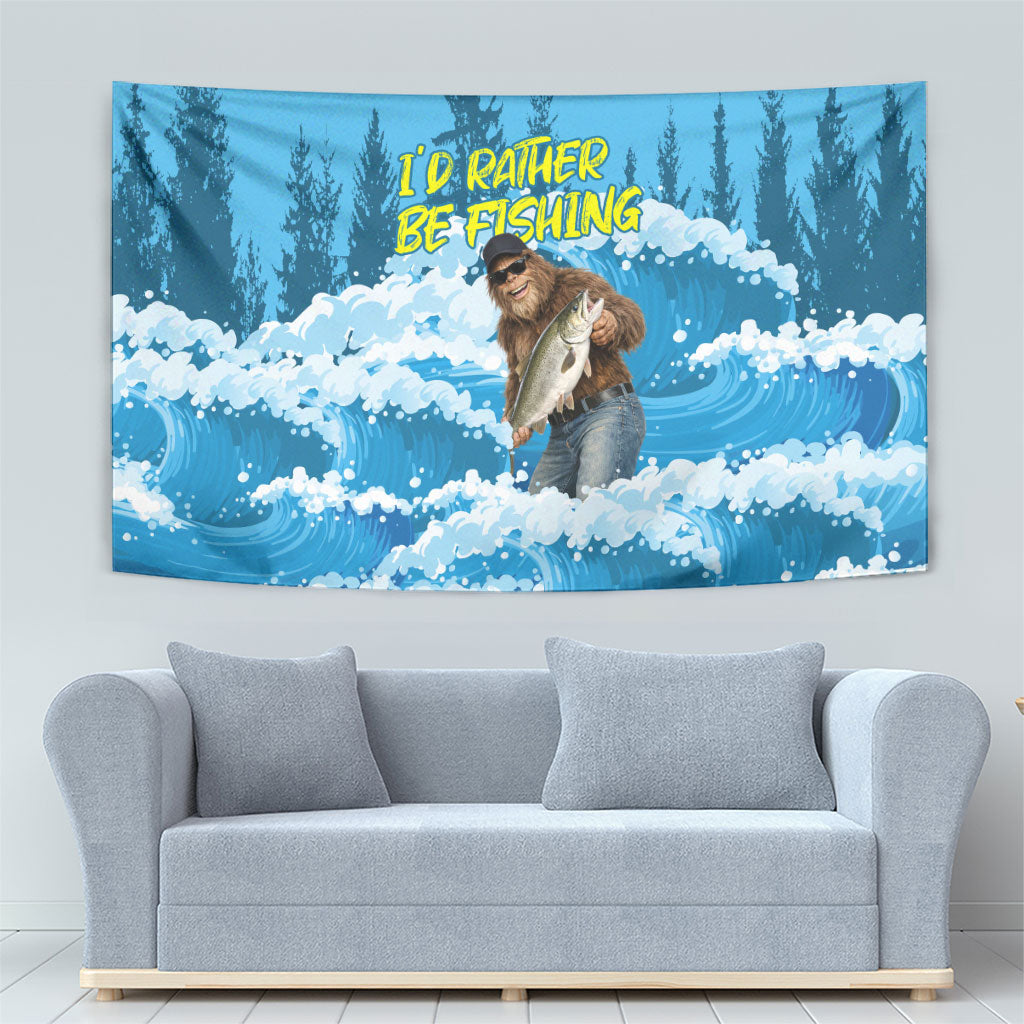 Bigfoot Sasquatch I'd Rather Be Fishing Tapestry Funny Angler Humorous Outdoors Graphic Art