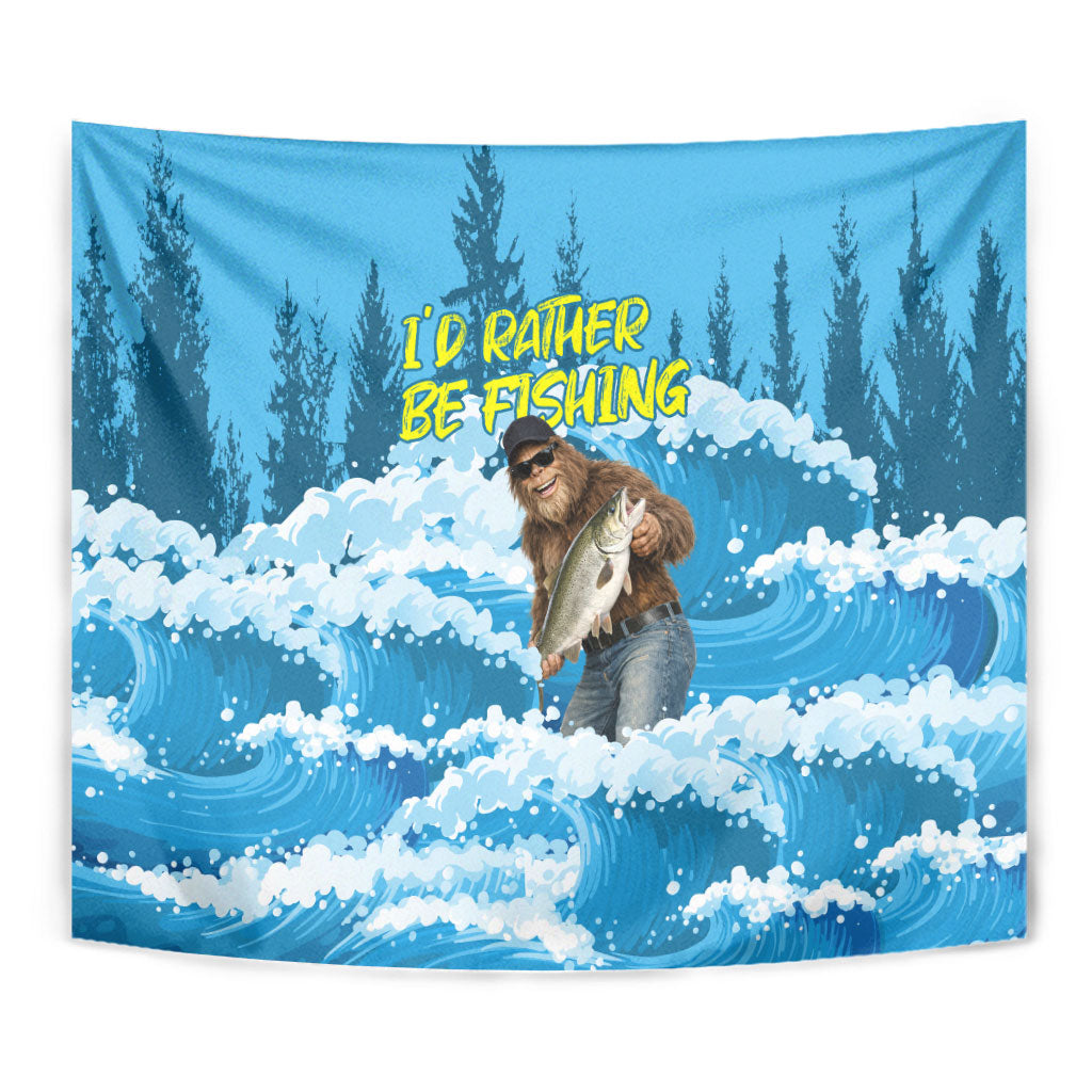 Bigfoot Sasquatch I'd Rather Be Fishing Tapestry Funny Angler Humorous Outdoors Graphic Art