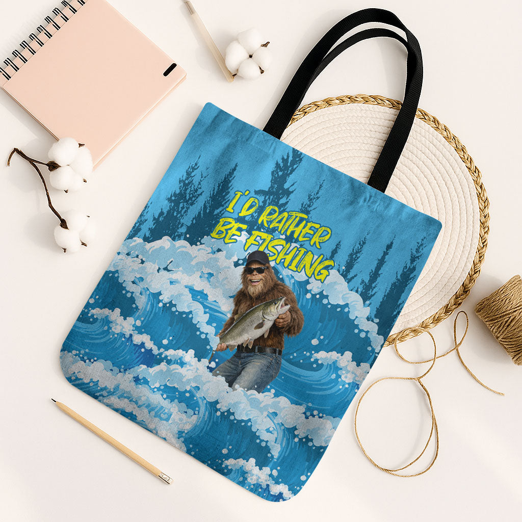 Bigfoot Sasquatch I'd Rather Be Fishing Tote Bag Funny Angler Humorous Outdoors Graphic Art