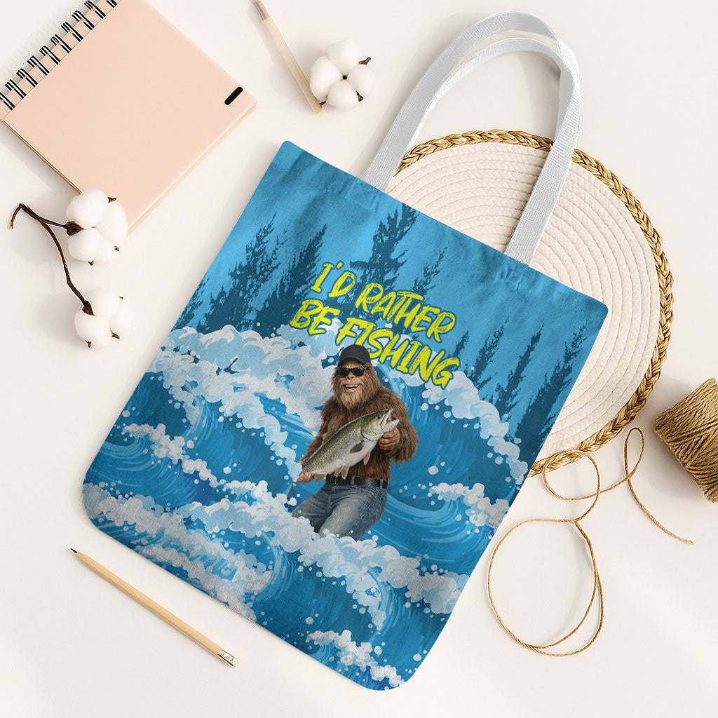 Bigfoot Sasquatch I'd Rather Be Fishing Tote Bag Funny Angler Humorous Outdoors Graphic Art